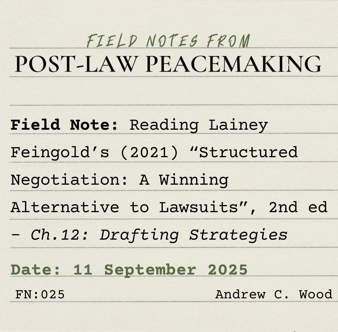 A square, lined index card on which is typed: "Field Notes from Post-Law Peacemaking. Field Note: READING LAINEY FEINGOLD'S (2021) "STRUCTURED NEGOTIATION: A WINNING ALTERNATIVE TO LAWSUITS" - 2ND ED. Ch.12: Drafting Strategies. Date 11 September 2025. FN:025. Andrew C. Wood."