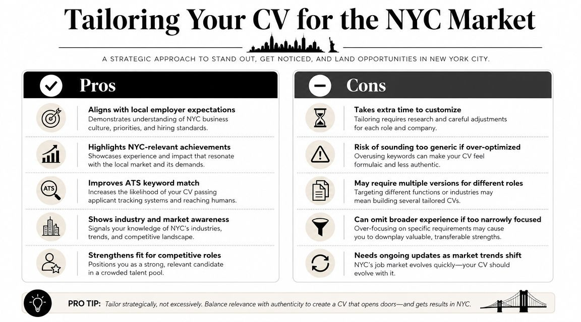 An infographic titled Tailoring Your CV for the NYC Market listing pros and cons for job seekers. An infographic titled Tailoring Your CV for the NYC Market listing pros and cons for job seekers.