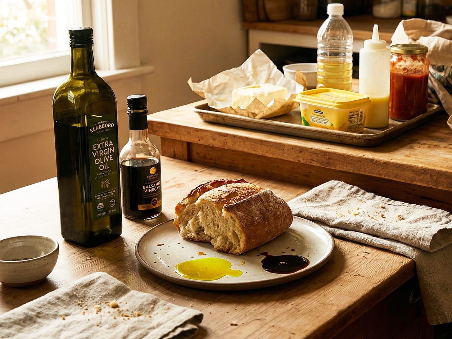 A photograph showing a bottle of extra virgin olive oil contrasted with a pile of unhealthy fats like butter, margarine and vegetable oil.