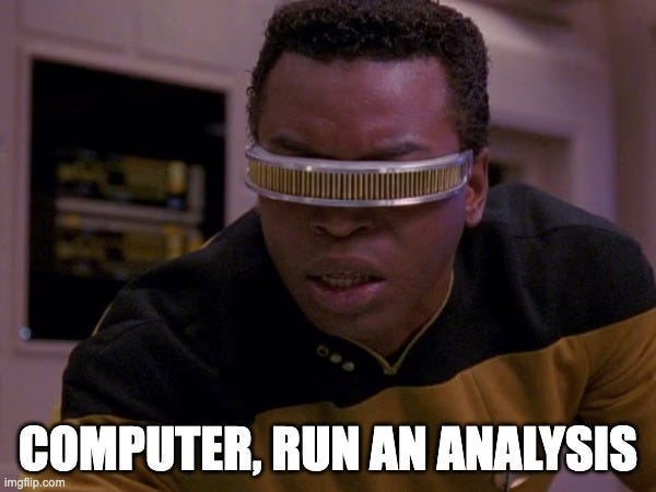 Geordi La Forge, a character from Star Trek: The Next Generation, stands in a spaceship control room wearing his signature VISOR device and a Starfleet uniform. Text at the bottom reads, “COMPUTER, RUN AN ANALYSIS,” referencing the show’s futuristic technology and analytical problem-solving. The image evokes a sci-fi theme and is often used humorously to signal a need for deep investigation or data review.