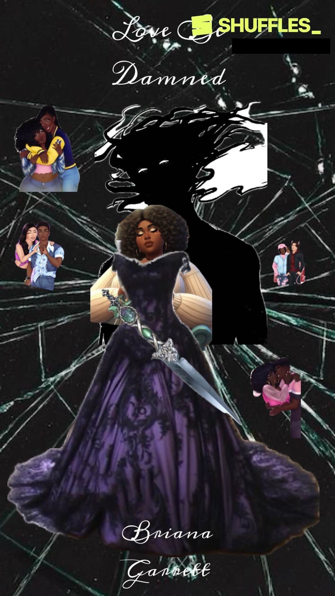 Ayana and Zelroth standing in a cracked mirror with each of her friends and family also getting a crack in the mirror to show them off. Ayana is again, in her prom dress holding the knife