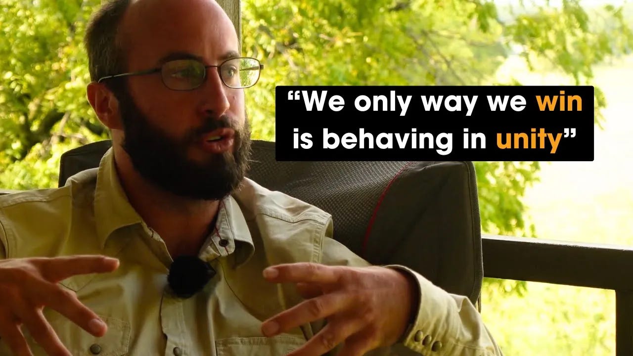 Joel Harrington speaking during an interview on rural regeneration, with on-screen quote saying ‘We only way we win is behaving in unity.