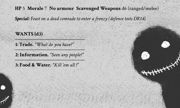 A d3 table of reactions for a creature shown as an overly round silhouette with giant white eyes and stitched mouth. A d3 table of reactions for a creature shown as an overly round silhouette with giant white eyes and stitched mouth.