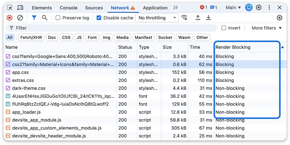 Render blocking column in Chrome DevTools