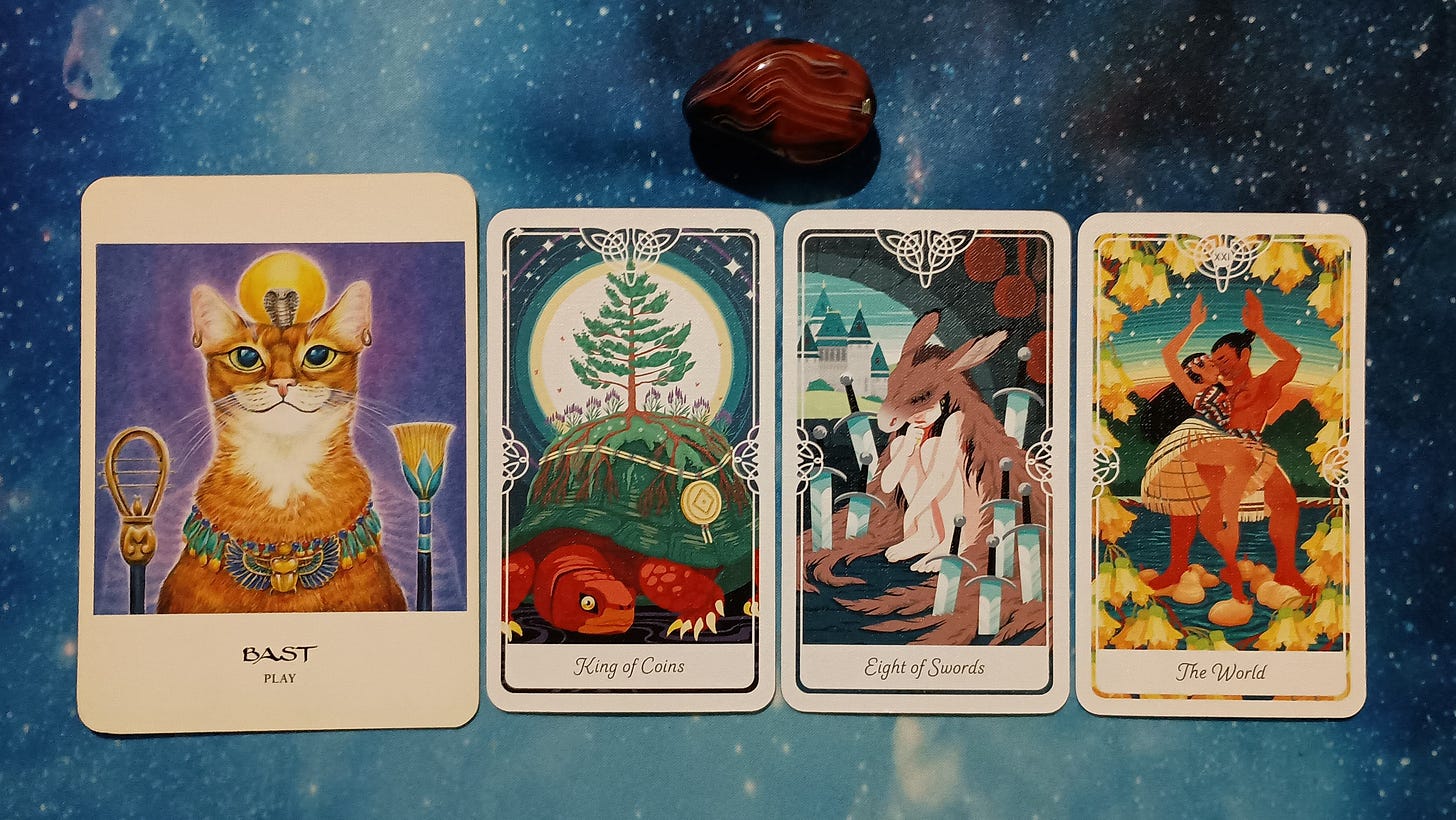 Full Moon Pick-a-Card Tarot Reading for July 2025, Pile 2, Silk Agate crystal, and 4 cards, face up