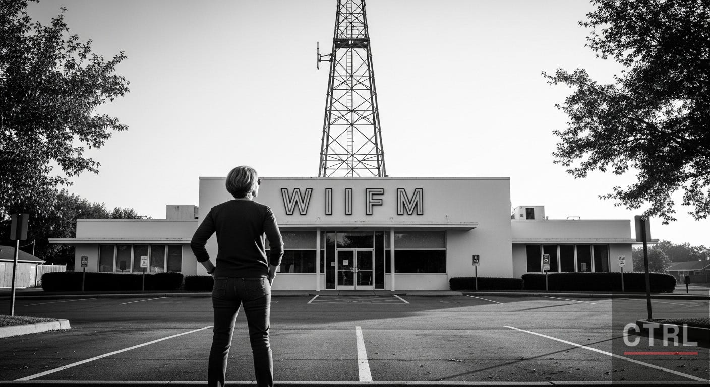 A black and white photo of a Gen X woman standing in an empty parking lot, looking at a retro radio station building labeled WIIFM with a tall broadcast tower rising above it.