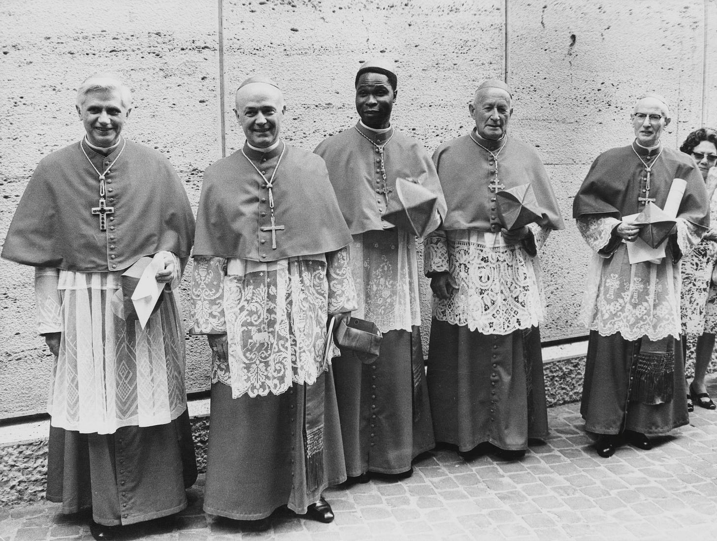 Benedict, left, stands as one of five new cardinals created by Pope Paul VI in June 1977. Benedict, left, stands as one of five new cardinals created by Pope Paul VI in June 1977.