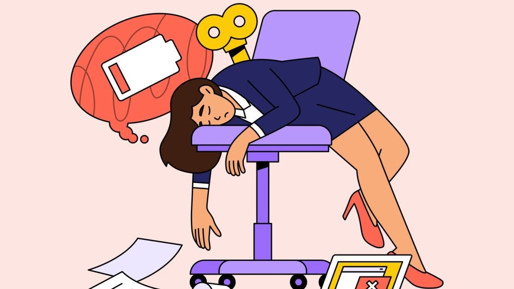 A woman in business attire is draped in exhaustion over an office chair. Her arms and legs are dangling off the sides, and papers and a laptop are scattered around her on the floor. A thought bubble shows a battery that is almost fully run down. The woman has long brown hair and a navy blue business suit, and her eyes are closed.