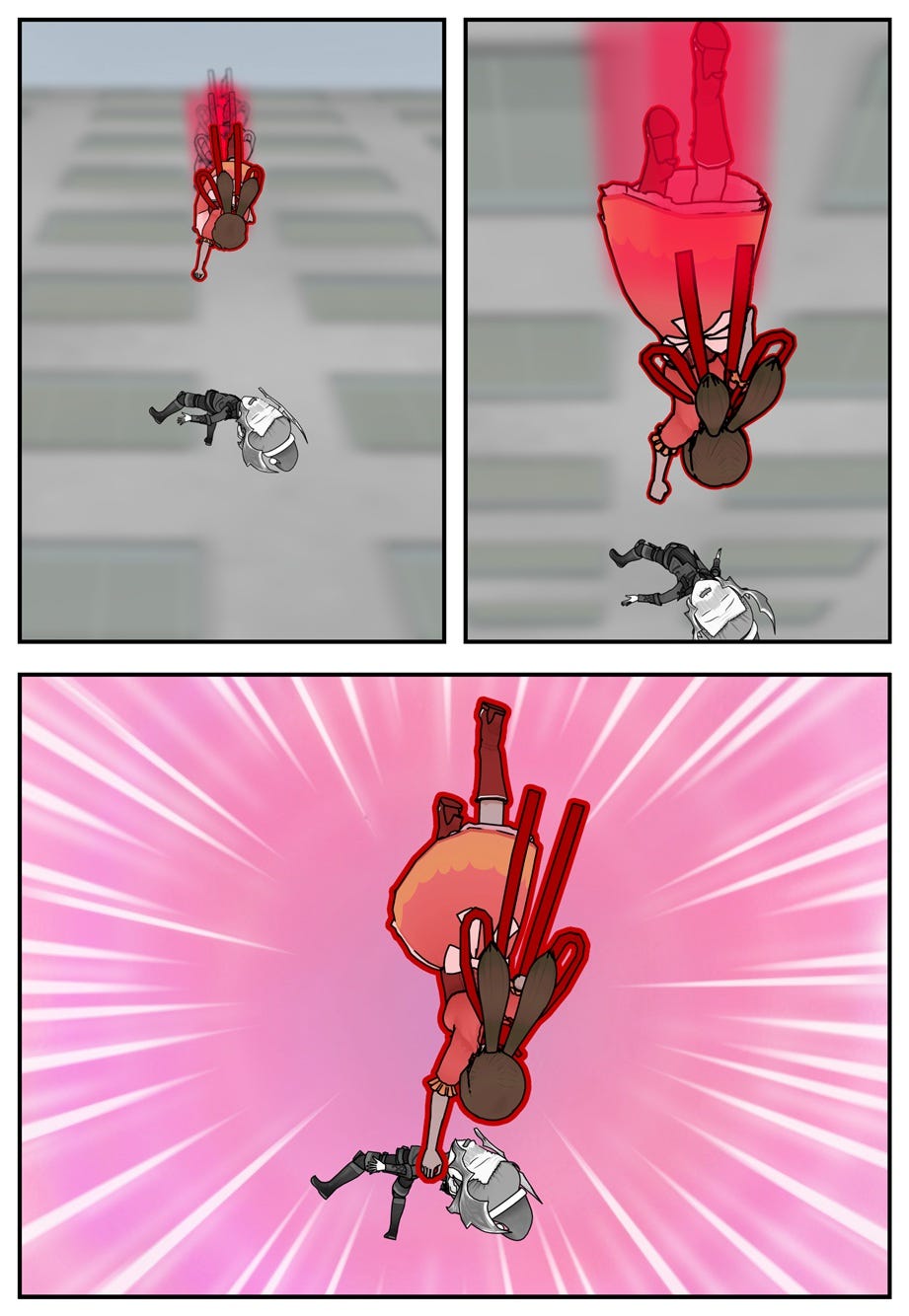 Flying faster than Mouse falls, Jackie catches him in midair.