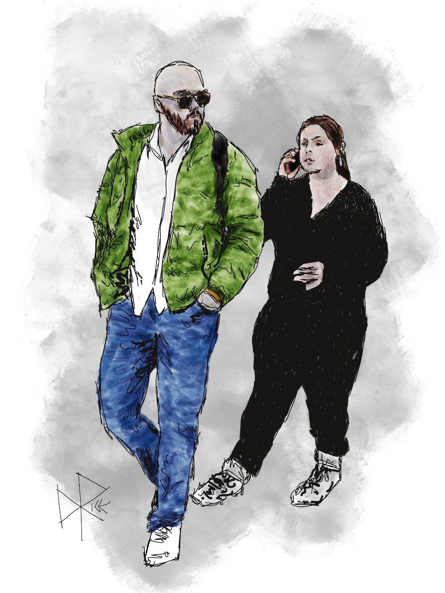 A bald and bearded man wearing sunglasses walks with his hands in his pockets and his parka unzipped, while a woman wearing black pants and top walks behind him and talks on her phone. Sketch art by Don Rice.