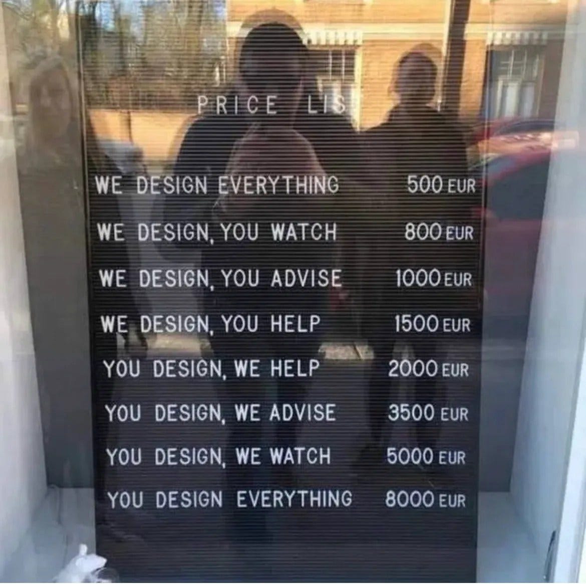 Có thể là đồ họa về 1 người và văn bản cho biết 'PRICE I ne WE DESIGN EVERYTHING 500 500EUR EUR WE DESIGN, YOU WATCH 800 800EUR EUR WE DESIGN, YOU ADVISE WE DESIGN, YOU 1000EUR YOU 1500 EUR HELP ማባር DESIGN, WE HELP YOU 2000 EUR DESIGN, WE ADVISE 3500 EUR YOU DESIGN, WE WATCH 5000 5000EUR EUR YOU DESIGN EVERYTHING 8000 EUR' Có thể là đồ họa về 1 người và văn bản cho biết 'PRICE I ne WE DESIGN EVERYTHING 500 500EUR EUR WE DESIGN, YOU WATCH 800 800EUR EUR WE DESIGN, YOU ADVISE WE DESIGN, YOU 1000EUR YOU 1500 EUR HELP ማባር DESIGN, WE HELP YOU 2000 EUR DESIGN, WE ADVISE 3500 EUR YOU DESIGN, WE WATCH 5000 5000EUR EUR YOU DESIGN EVERYTHING 8000 EUR'