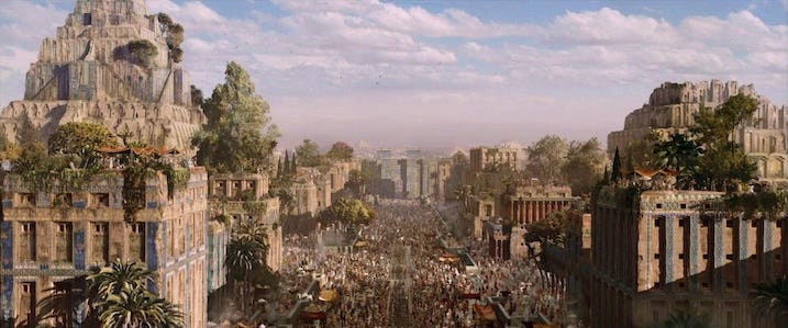 Babylon city vista in Alexander – Wide shot of Babylon’s towering structures and crowded streets in Alexander Revisited: The Final Cut. Note: Still shown is promotional and not taken directly from the 4K UHD.