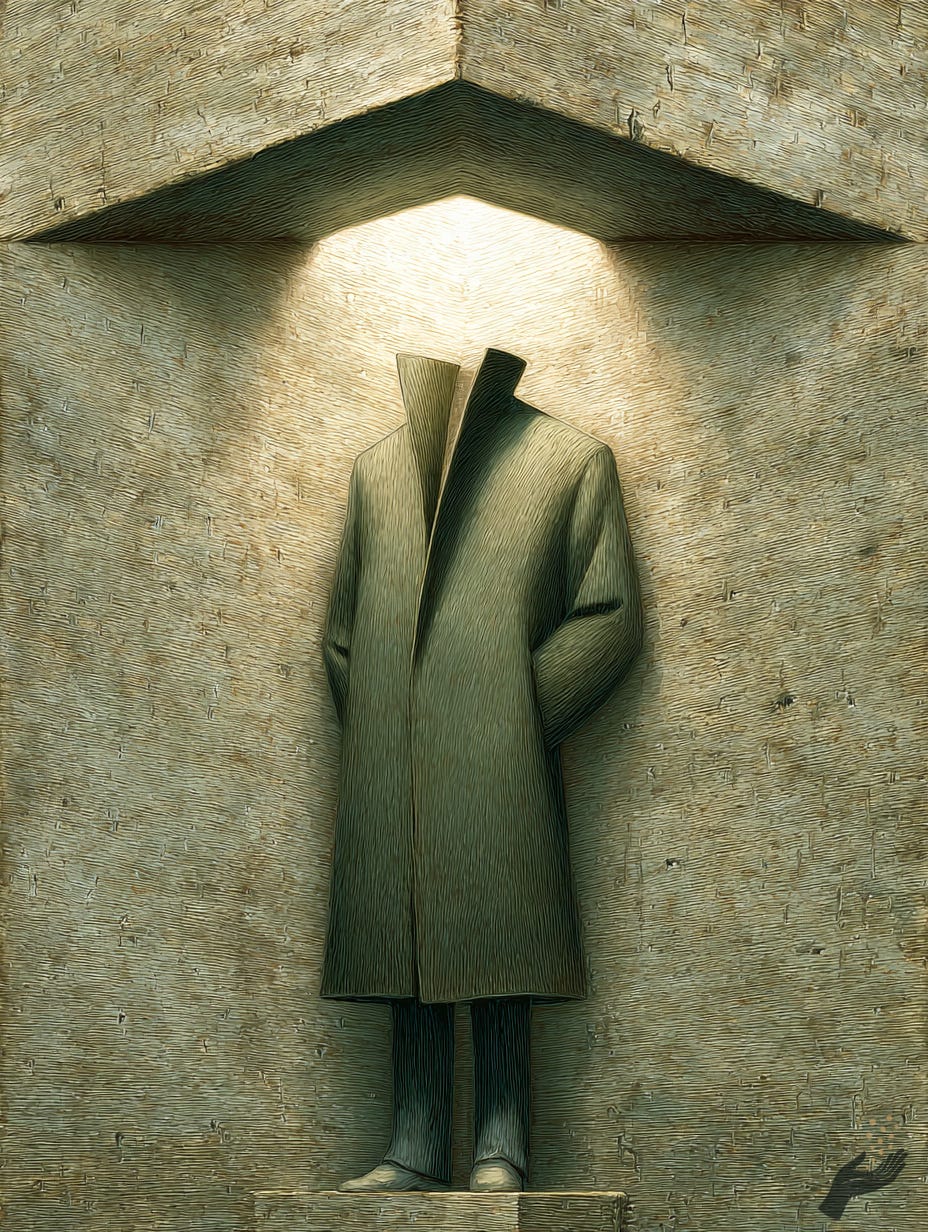 Surreal artwork of a faceless coat-like figure standing in a lit wall niche with small feet visible below the hem.