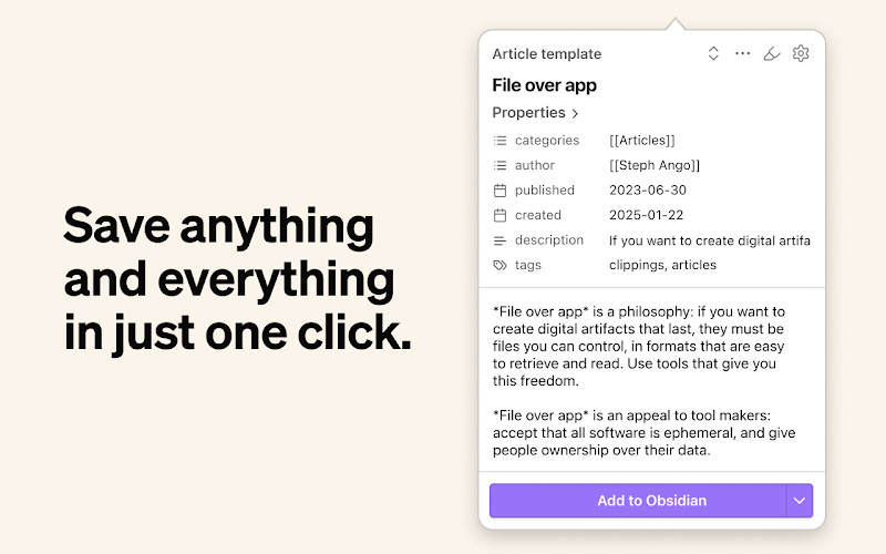 Obsidian Web Clipper browser extension saving articles into an AI knowledge base vault