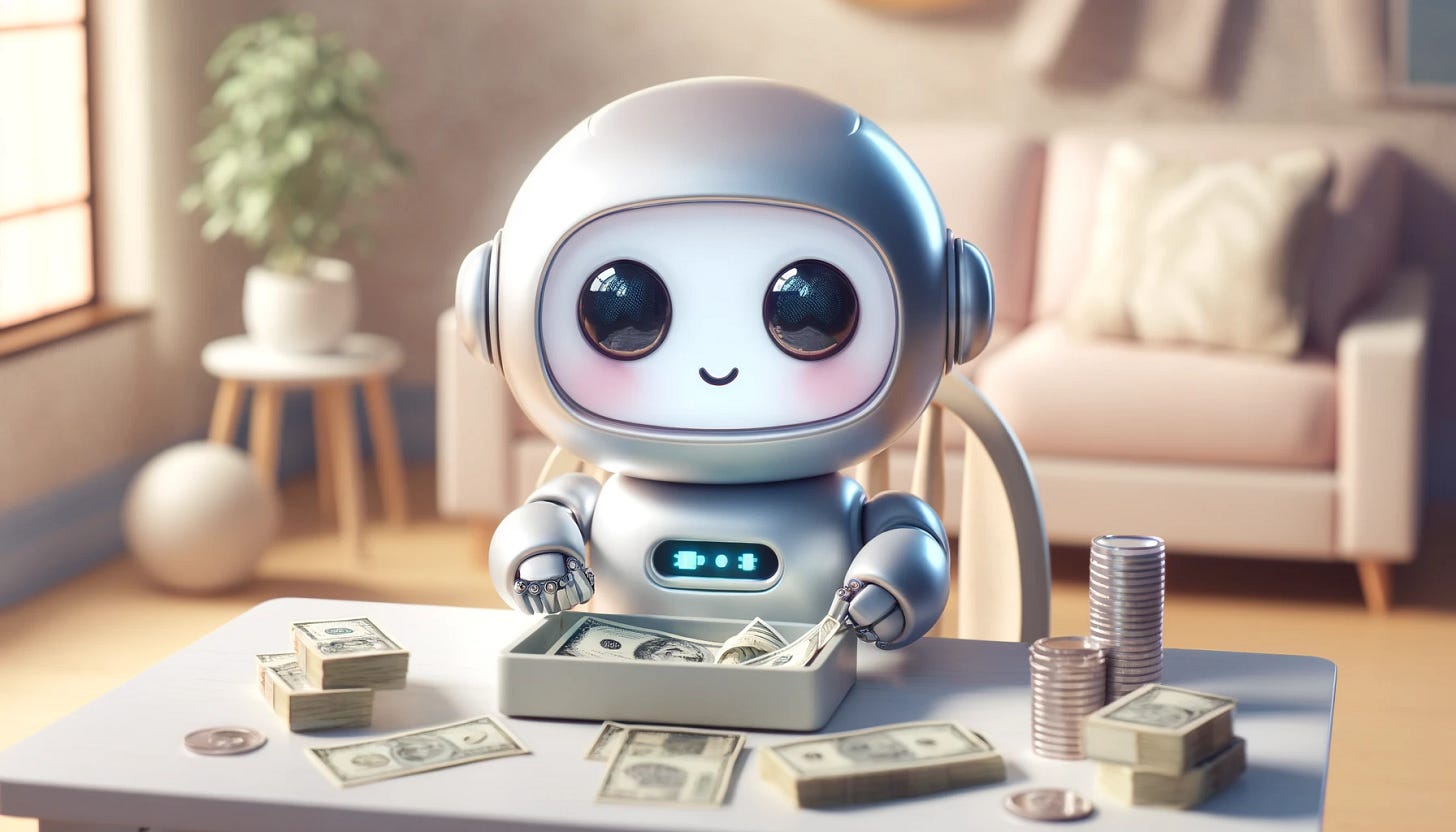 A cute robot counting money in a playful and endearing scene, formatted in a 16:9 aspect ratio. The robot has a rounded design with soft edges and a friendly appearance, featuring large expressive eyes and a small smile. It's metallic but with a touch of light blue and white colors to soften its look. The robot is sitting at a small desk, with stacks of paper money and coins spread out in front of it. The background is a cozy room with soft lighting and gentle colors, emphasizing a comfortable and inviting atmosphere.