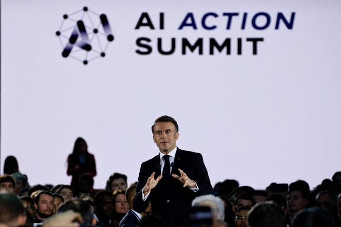 France's President Emmanuel Macron (C) delivers a speech during a closing event for the first day of the Artificial Intelligence (AI) Action Summit, at the Grand Palais, in Paris, on February 10, 2025. (Photo by Ludovic MARIN / AFP)