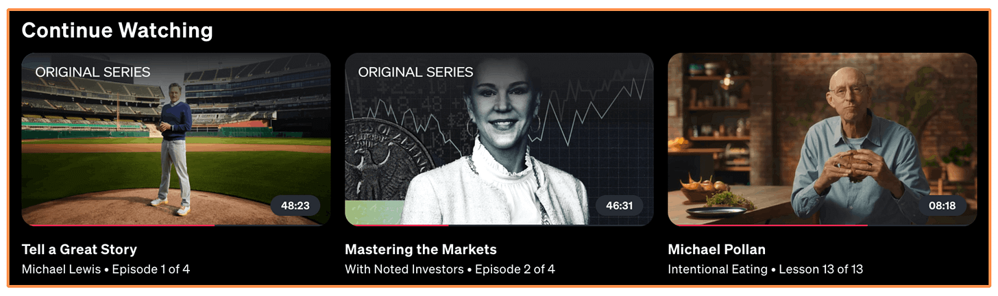 MasterClass - My Progress - Continue Watching list (desktop view)