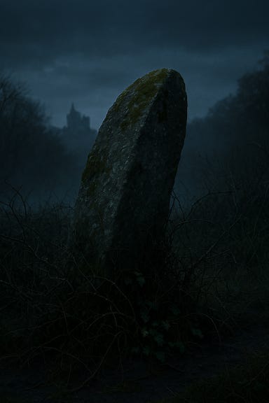 A moss-covered stone juts from the earth, half-swallowed by briars and root. It is not a grave or a marker, but a memory that refused to fall. The stone stands just shy of six feet, weather-slick, leaning west toward the distant silhouette of Castle Ravenloft under a gloomy sky.