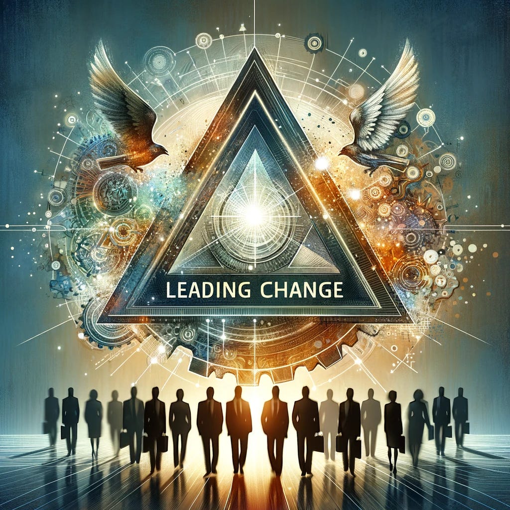 Create a visual representation that embodies the concept of 'Leading Change' using only symbolic imagery, specifically focusing on a triangle shape to represent change. The image should creatively incorporate the triangle to symbolize transformation, progress, and the dynamic nature of change within organizations. Avoid using any words or text, and instead, rely on the triangle and other abstract or symbolic elements to convey the idea of guiding an organization through transitions, highlighting the essential aspects of visionary leadership, innovation, and adaptability.