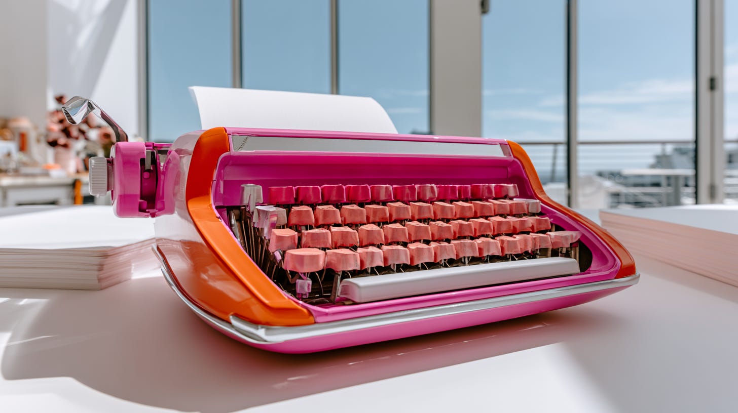 Bright pink and orange retro typewriter on a white desk, illustrating how to make AI write in your own voice instead of generic AI writing. The AI Voiceprint method by Carrie Loranger | Substack Strategist and Portfolio Business Architect Bright pink and orange retro typewriter on a white desk, illustrating how to make AI write in your own voice instead of generic AI writing. The AI Voiceprint method by Carrie Loranger | Substack Strategist and Portfolio Business Architect