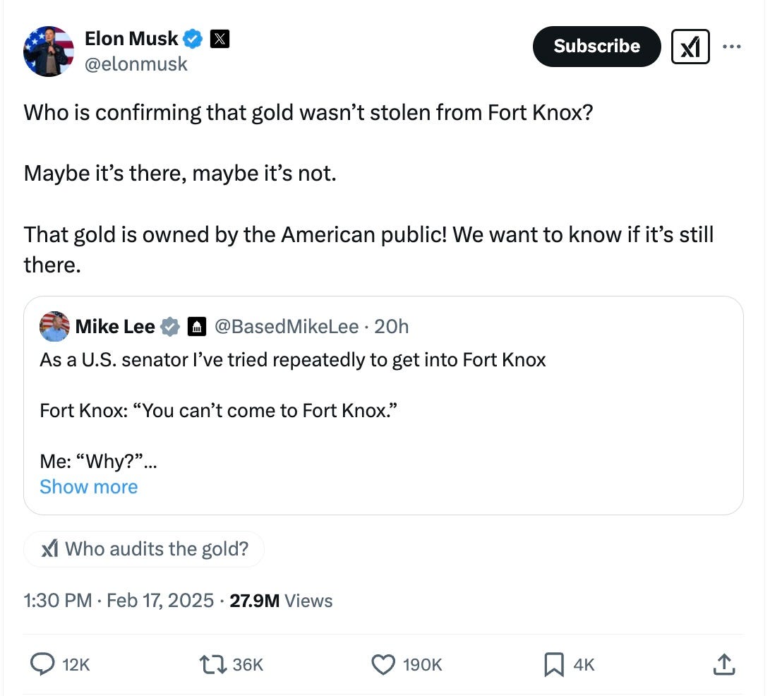 “Who is confirming that gold wasn't stolen from Fort Knox? Maybe it's there, maybe it's not. That gold is owned by the American public! We want to know if it's still there.” “Who is confirming that gold wasn't stolen from Fort Knox? Maybe it's there, maybe it's not. That gold is owned by the American public! We want to know if it's still there.”