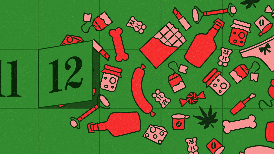 Treats spilling out of a calendar square marked "12"