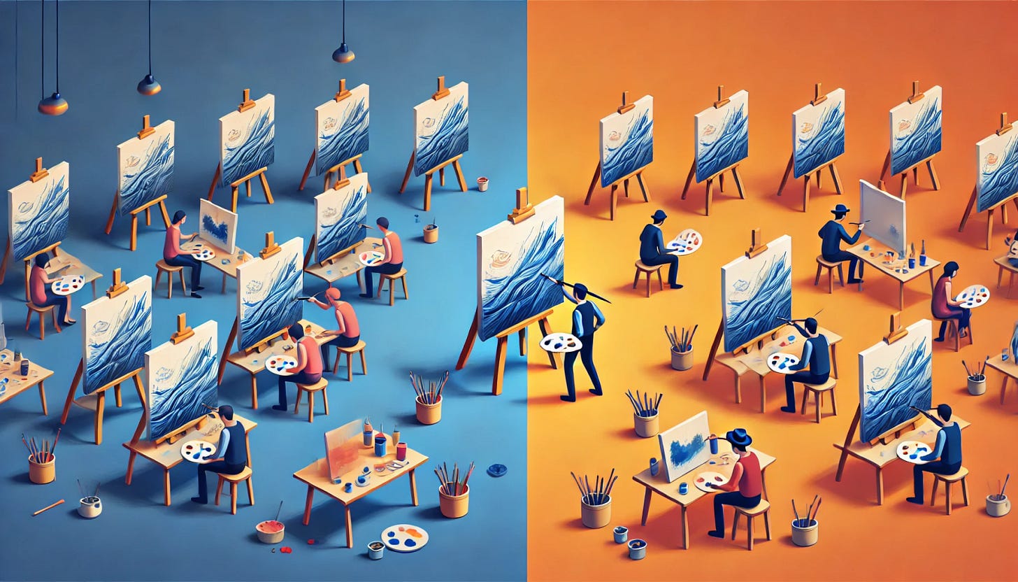 Generated image of artists painting on their canvases with a blue background on the left half and an orange background on the right side.