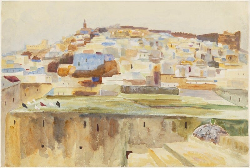 The painting features an elevated viewpoint showing a hill or mound with colorful buildings in the distance. The horizon is positioned towards the upper third of the composition, partially obscured by the hill. A faded tower-like structure is visible at the top. The brushstrokes are loose and fluid, using a watercolor technique with soft color transitions. The palette includes earthy tones like browns, ochres, and yellows, as well as muted pastels like blue and lavender. A brown wall or structure with small figures or birds is depicted in the foreground. The sky above is mostly blank with a hint of grey. The painting features an elevated viewpoint showing a hill or mound with colorful buildings in the distance. The horizon is positioned towards the upper third of the composition, partially obscured by the hill. A faded tower-like structure is visible at the top. The brushstrokes are loose and fluid, using a watercolor technique with soft color transitions. The palette includes earthy tones like browns, ochres, and yellows, as well as muted pastels like blue and lavender. A brown wall or structure with small figures or birds is depicted in the foreground. The sky above is mostly blank with a hint of grey.