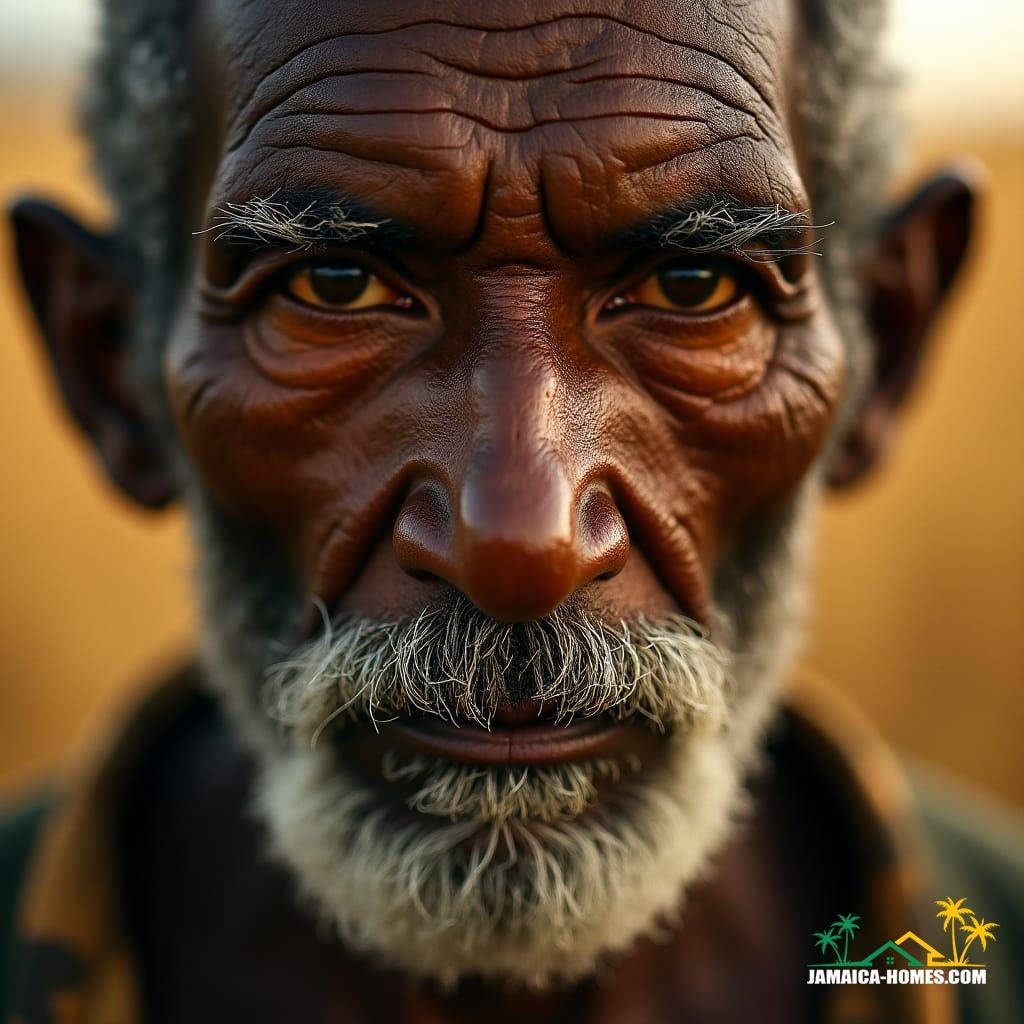 Close-up of a weathered, ancient Jamaican farmer, with a face etched by centuries of wisdom and experience, set against a warm, golden-brown background, reminiscent of a sun-kissed Caribbean afternoon. The image is shot in a cinematic style, evoking the works of Terrence Malick, Roger Deakins, and Emmanuel Lubezki