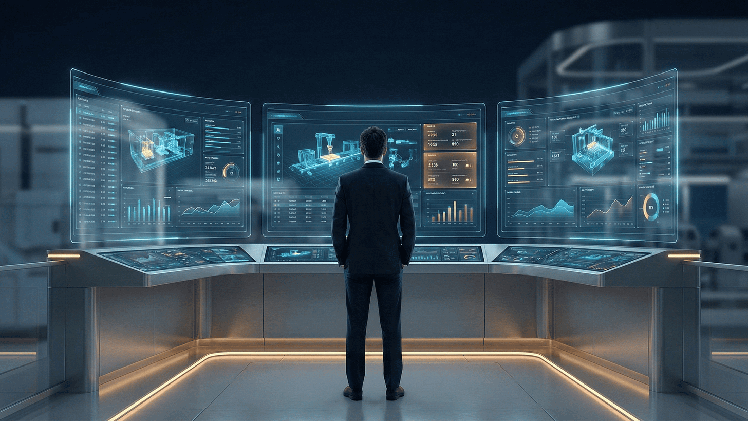A professional views holographic data dashboards in a futuristic control room, representing real-time operational visibility across digital transformation initiatives