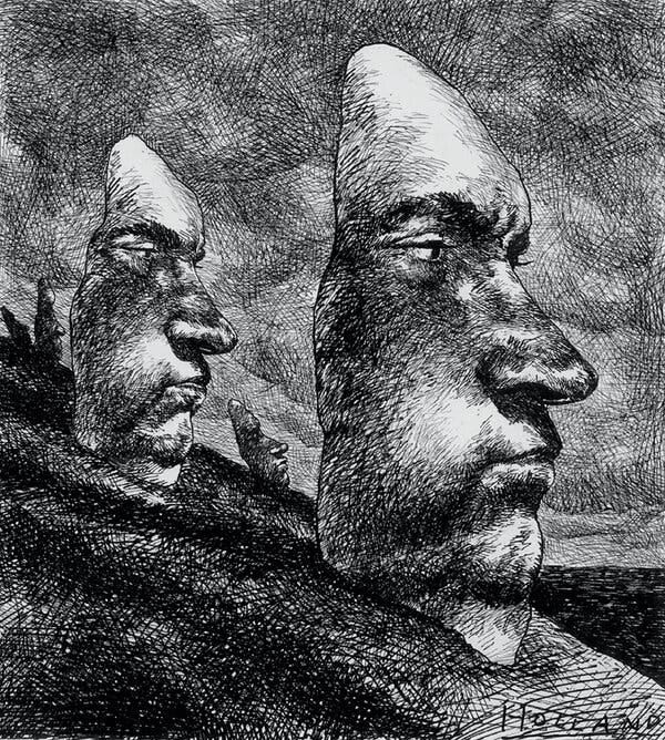 A black-and-white line drawing of multiple large statues resembling the face of President Richard Nixon.