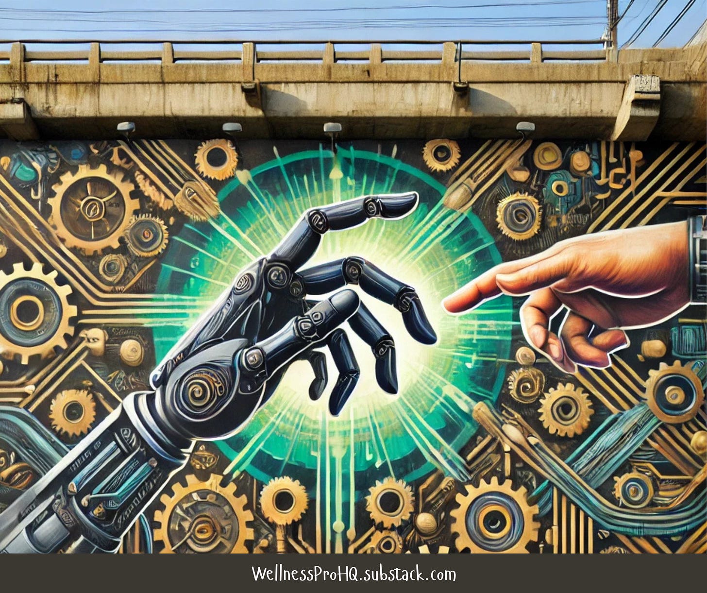 A mural of a robotic hand and a human hand reaching towards each other, glowing at the point of connection, symbolizing the balance between AI and human touch.