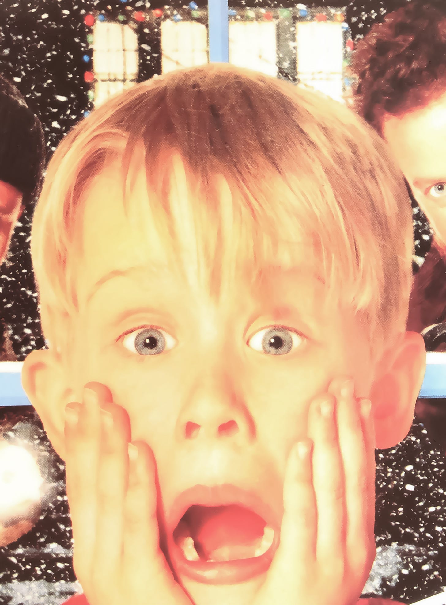 Macaulay Culkin, the kid from Home Alone, with his hands clasped against his face, as he screams in horror. The two would-be burglars are looming in the background Macaulay Culkin, the kid from Home Alone, with his hands clasped against his face, as he screams in horror. The two would-be burglars are looming in the background