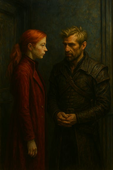 Greegan, visually inspired by Matt Ryan, stands in the hallway of the Blue Water Inn wearing his rogue's leathers. His outfit is dark and fitted—leather armor with buckled straps, a hood pushed back, and fingerless gloves. He leans against the stone wall, arms crossed, his rogue’s grin softened by concern. The hallway is narrow, lined with stacked kegs and faded paintings, with morning light filtering through a nearby window. The atmosphere is quiet and intimate, capturing a moment of emotional tension and trust.