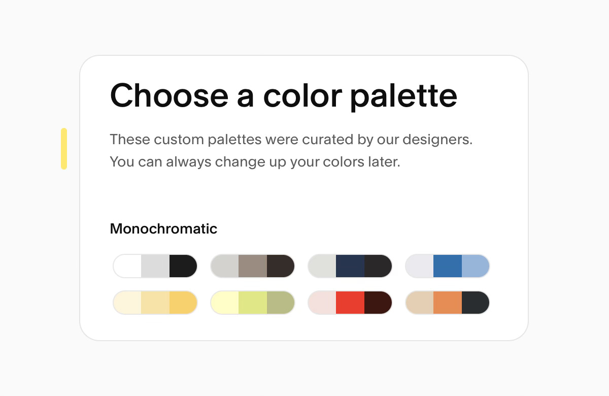A prompt with a list of color palettes to choose from.