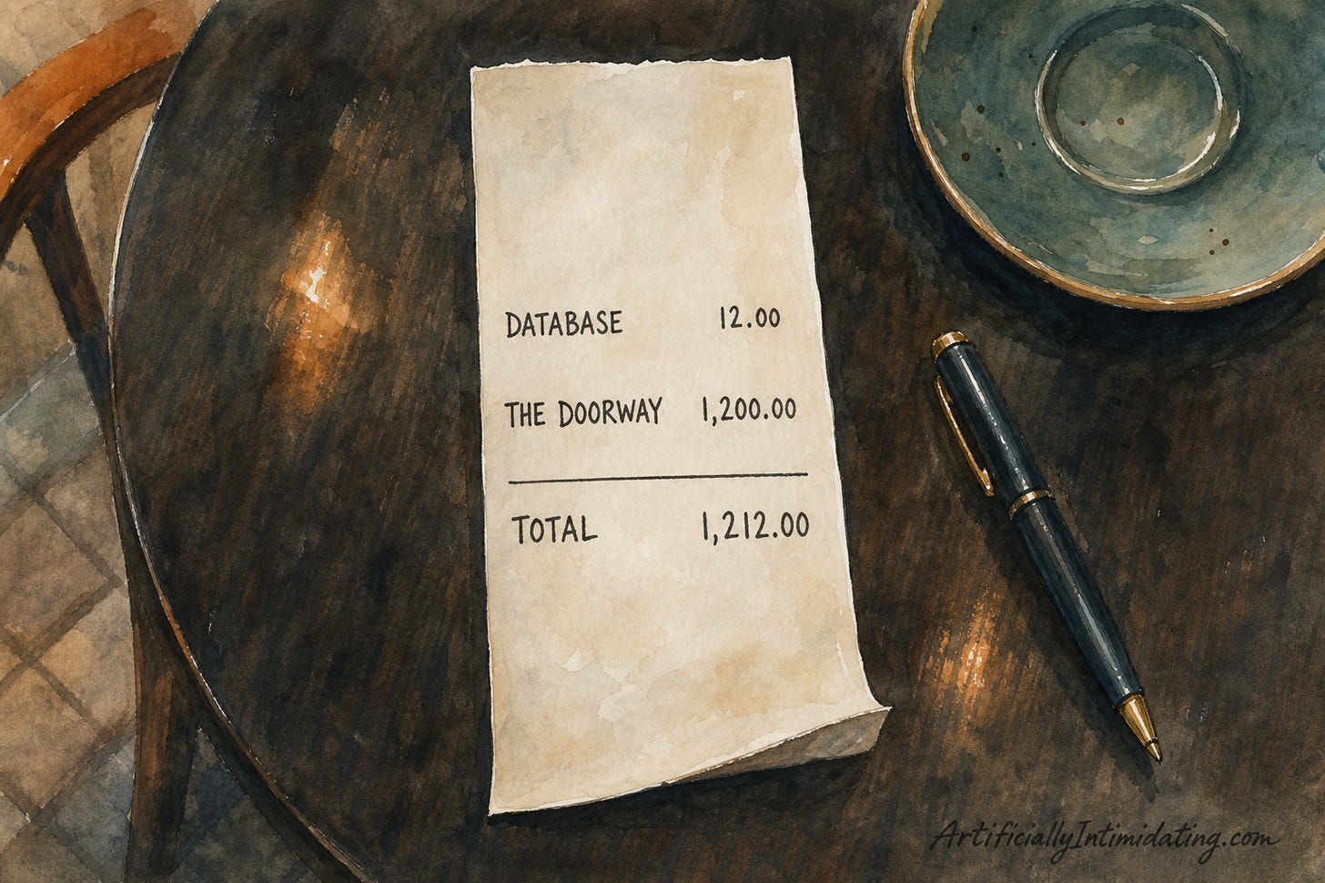 A watercolor overhead view of a narrow paper bill on a dark restaurant table, showing two line items: DATABASE at 12.00 and THE DOORWAY at 1,200.00, with a total of 1,212.00 beneath a ruled line. A pen and saucer rest nearby.