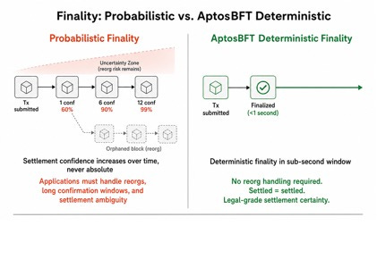 AptosBFT finality — comparing probabilistic finality with AptosBFT’s deterministic sub-second finality and the implications for settlement certainty