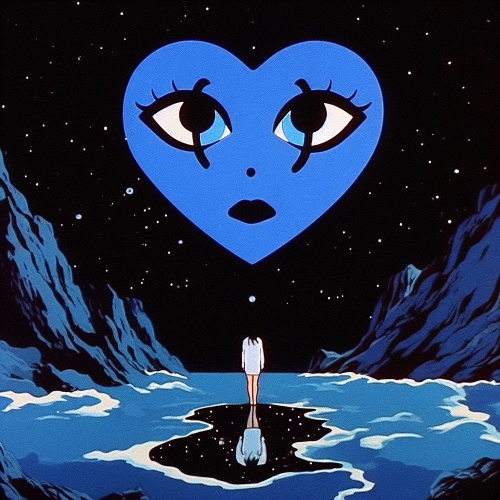 a still from a chic french-japanese cartoon from 1971 of an inverted upside-down neptune blue heart with a face and the saddest ocean blue eyes you've ever seen in a state of dissociated alienation in the style of the commes des garcons play logo hovering above an abyss representing total ego and identity dissolution and disconnection