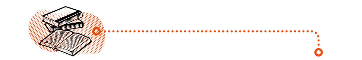 A section divider with an illustration of some books backed by a halftone dot pattern and a bold dotted red line.