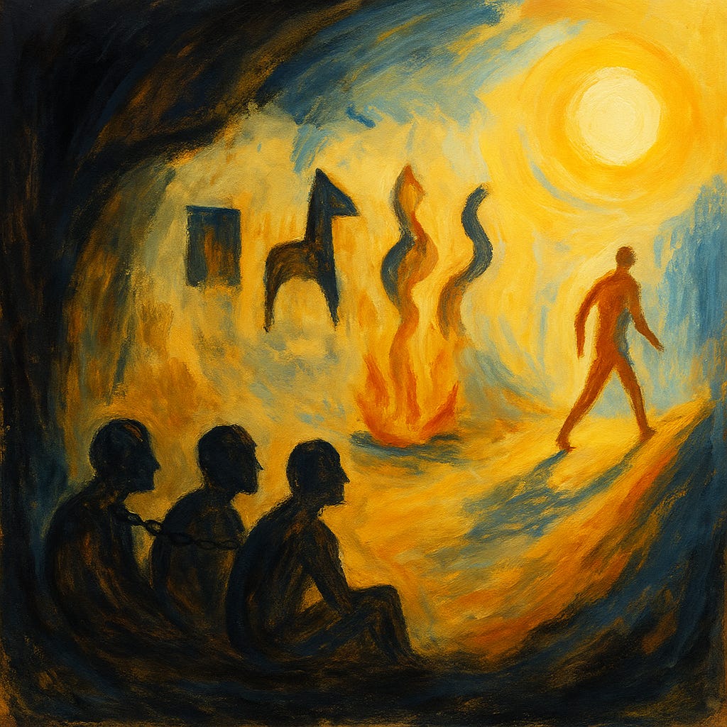 An abstract painting inspired by Plato’s Cave. On the left side, three dark, chained figures sit inside a cave, staring at a wall where simplified shadow images—a horse and a square—are cast by a fire behind them. The center features bright orange flames, and on the right, a lone figure walks toward a glowing sun outside the cave. The colors shift from deep blues and browns to bright yellows and oranges, symbolizing a journey from ignorance to enlightenment.