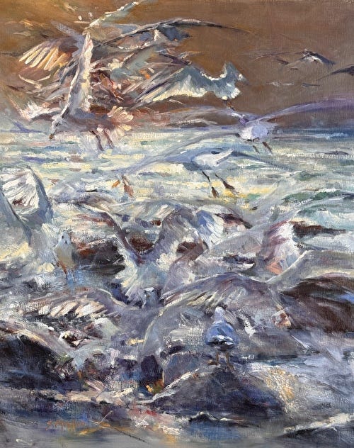 A painting of birds flying over the ocean

Description automatically generated