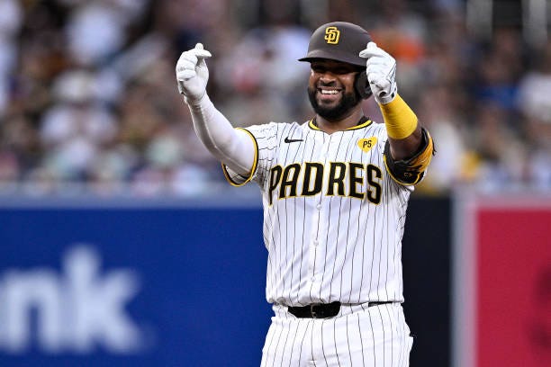 Elias Diaz of the San Diego Padres celebrates his double against the Detroit Tigers in the fifth inning at Petco Park on September 05, 2024 in San...