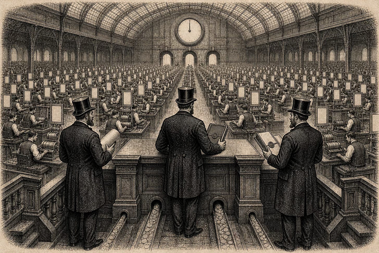 Wood-engraving editorial illustration in the Thomas Nast Harper's Weekly style for Attention Capital's essay Free Streaming, Expensive Underwriting. A sprawling 19th century stock-exchange-style trading floor under a glass-and-iron arched ceiling holds hundreds of symmetric trading kiosks staffed by Victorian-era operators, each tending a separate ticker mechanism with a small framed contract page hanging above. In the foreground, three formally dressed bankers observe the entire floor from an elevated institutional desk. The image visualizes the aggregate scale of the FAST market with roughly 1,850 channels and $12.26 billion in projected 2025 ad revenue, the foundational scale that anchors Attention Capital's analysis of FAST as a credit asset class. Wood-engraving editorial illustration in the Thomas Nast Harper's Weekly style for Attention Capital's essay Free Streaming, Expensive Underwriting. A sprawling 19th century stock-exchange-style trading floor under a glass-and-iron arched ceiling holds hundreds of symmetric trading kiosks staffed by Victorian-era operators, each tending a separate ticker mechanism with a small framed contract page hanging above. In the foreground, three formally dressed bankers observe the entire floor from an elevated institutional desk. The image visualizes the aggregate scale of the FAST market with roughly 1,850 channels and $12.26 billion in projected 2025 ad revenue, the foundational scale that anchors Attention Capital's analysis of FAST as a credit asset class.