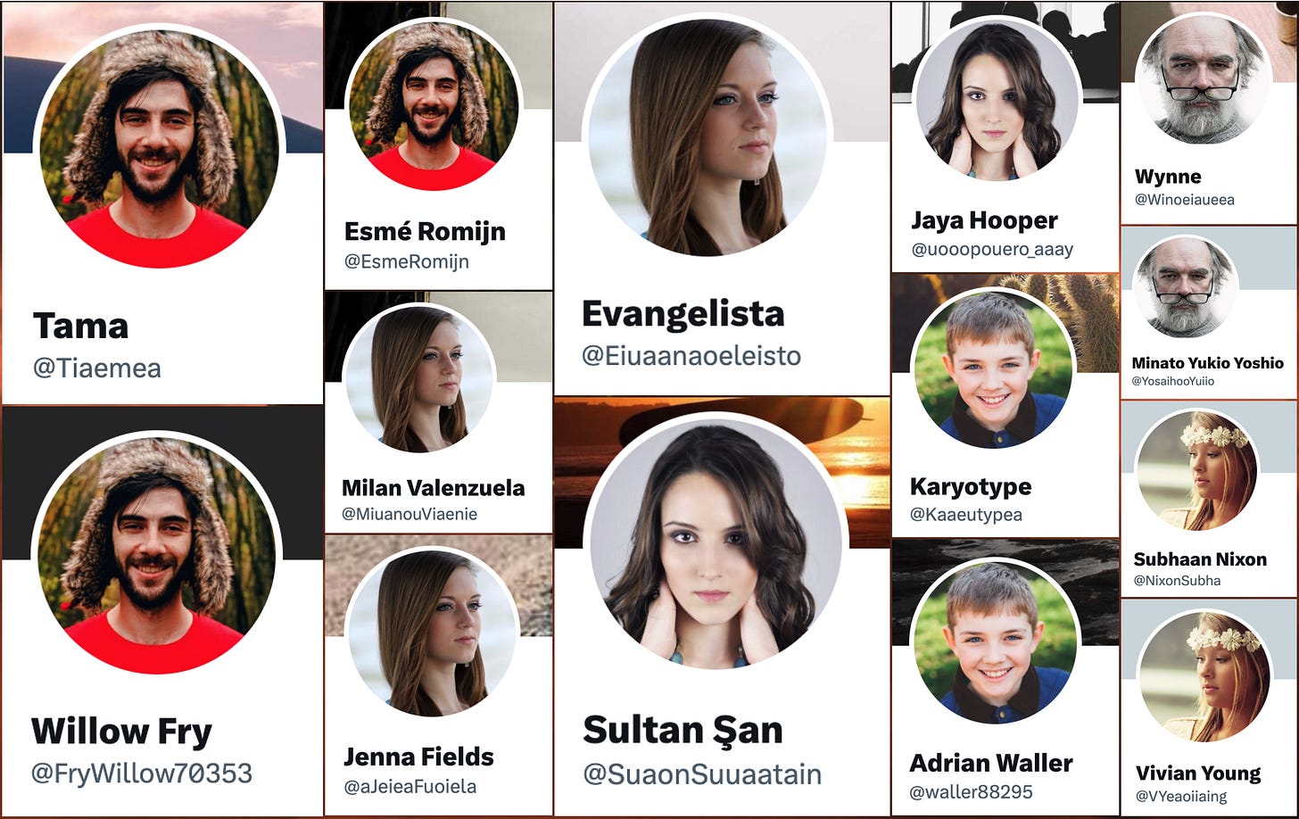 screenshots of the profiles of 14 of the spam accounts, showing that some of the stolen photos are used repeatedly screenshots of the profiles of 14 of the spam accounts, showing that some of the stolen photos are used repeatedly