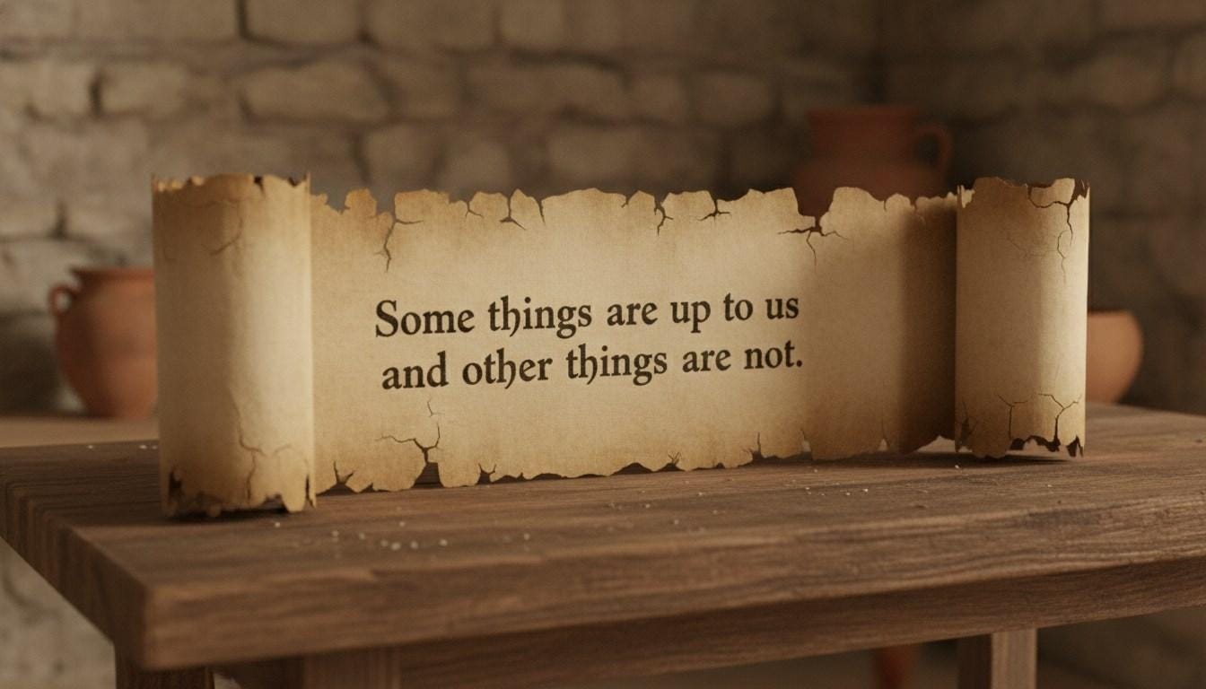 Alt-text: In the background, a few ceramic urns sit against a stone wall. In the foreground, an ancient scroll is partially unrolled on a wooden table, displaying the words “Some things are up to us and other things are not”. 