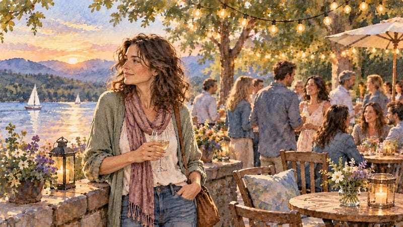 A thoughtful woman standing at the edge of a lively lakeside gathering, looking toward the peaceful water as guests socialize behind her.