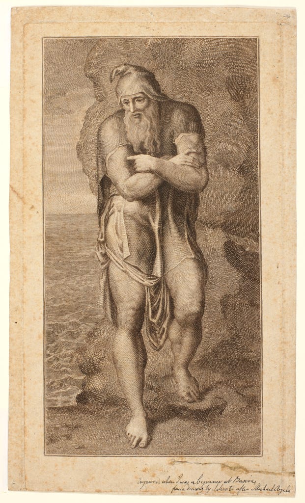An image of Joseph of Arimathea Among the Rocks of Albion. Blake, William (British, 1757-1827). Beatrizet, Nicolas after (engraver, circa 1515-post 1565/ante 1615). Michelangelo Buonarroti, after (1475-1564). First state. The engraving is after a print attributed to Beatrizet from an unidentified figure in Michelangelo's fresco of the Crucifixion of St Peter in the Pauline Chapel. Engraving, black carbon ink on paper, plate height 258 mm, plate width 140 mm; sheet height 265 mm, sheet width 157 mm, 1773.