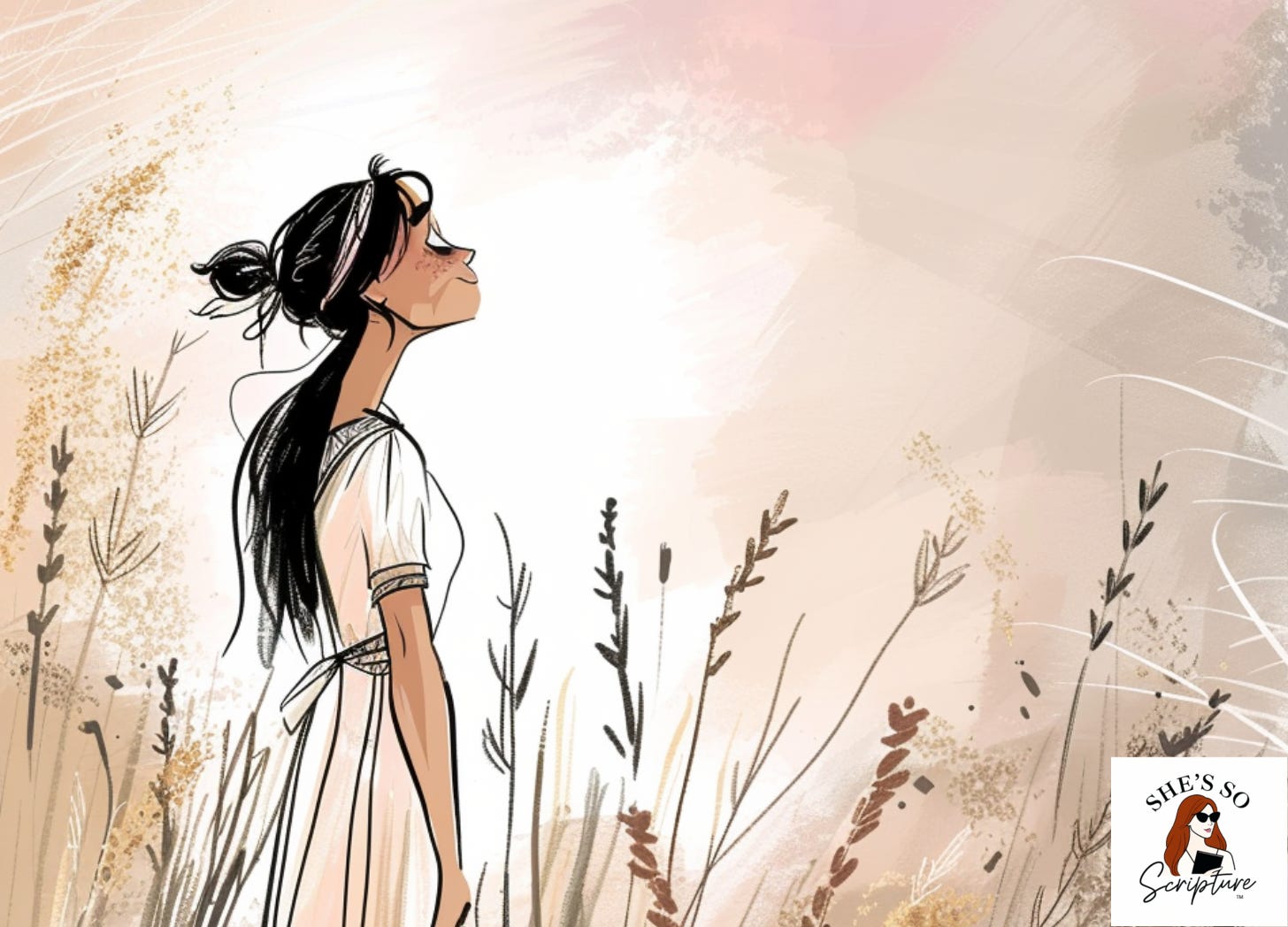 Illustrated Moabite woman in ancient garments standing at the edge of a barley field at golden hour, evoking the biblical story of Ruth. Illustrated Moabite woman in ancient garments standing at the edge of a barley field at golden hour, evoking the biblical story of Ruth.