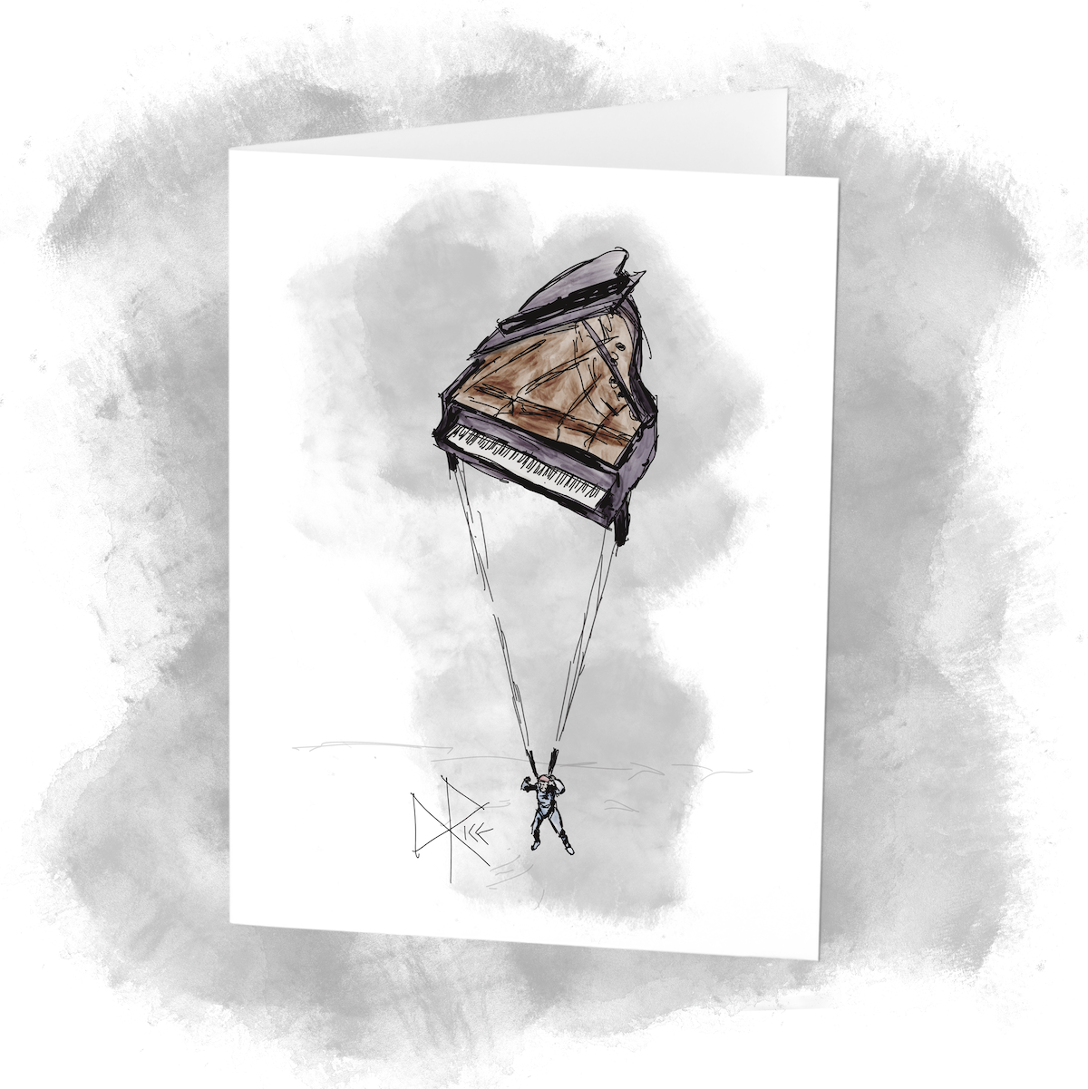 A person who has jumped from an aircraft and is descending toward the ground discovers that he is attached to a piano rather than a parachute. Sketch art by Don Rice. A person who has jumped from an aircraft and is descending toward the ground discovers that he is attached to a piano rather than a parachute. Sketch art by Don Rice.
