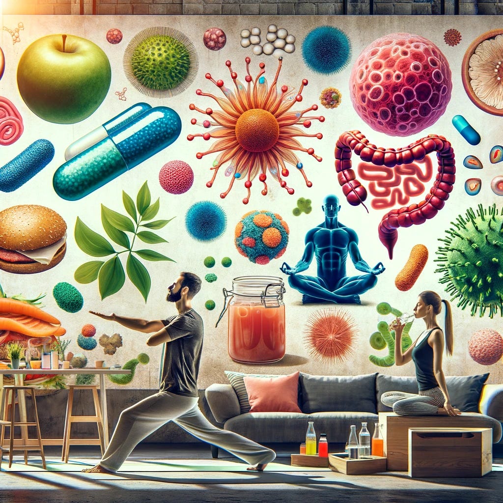 Create a collage of various health-promoting activities: a person practicing yoga, another enjoying a balanced meal, and a third drinking water, all surrounded by visuals of healthy gut bacteria and immune cells. This image should convey the comprehensive approach to building immunity and enhancing gut health.